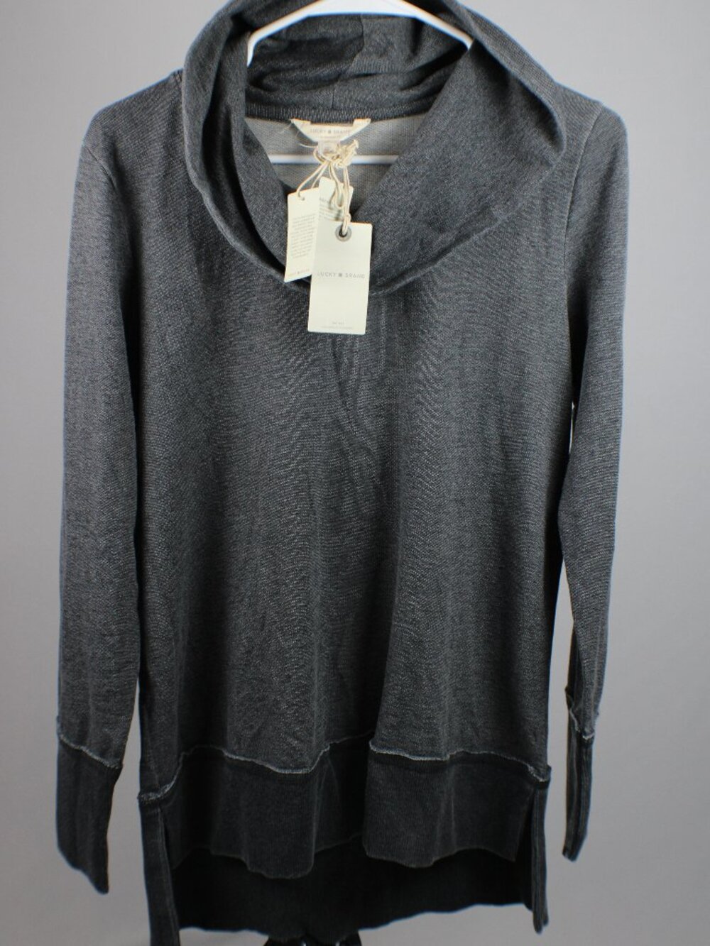 NWT Lucky Brand Charcoal Gray Cowl Neck Tunic Hoodie Sweatshirt